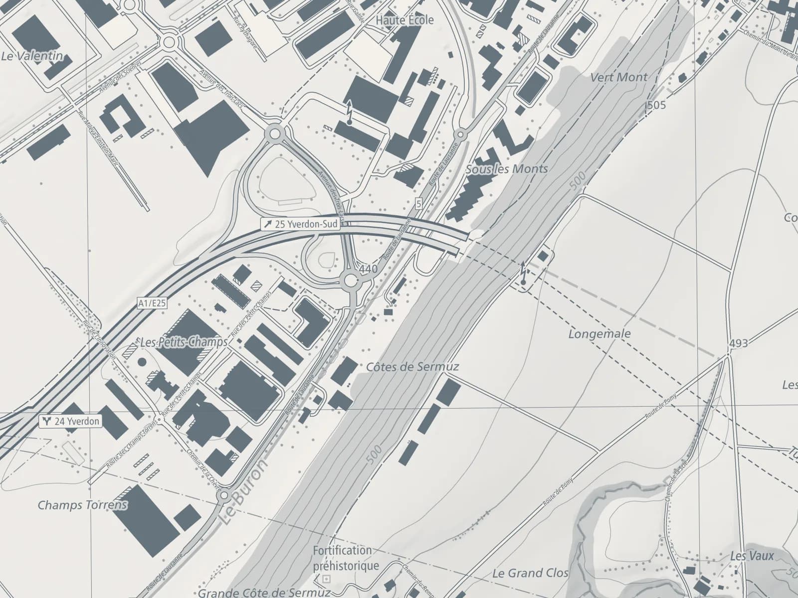 Plan du quartier : l'atelier LuxeGlass, route de Lausanne 33, au sud d'Yverdon-les-Bains, près de la sortie autoroute Yverdon-Sud