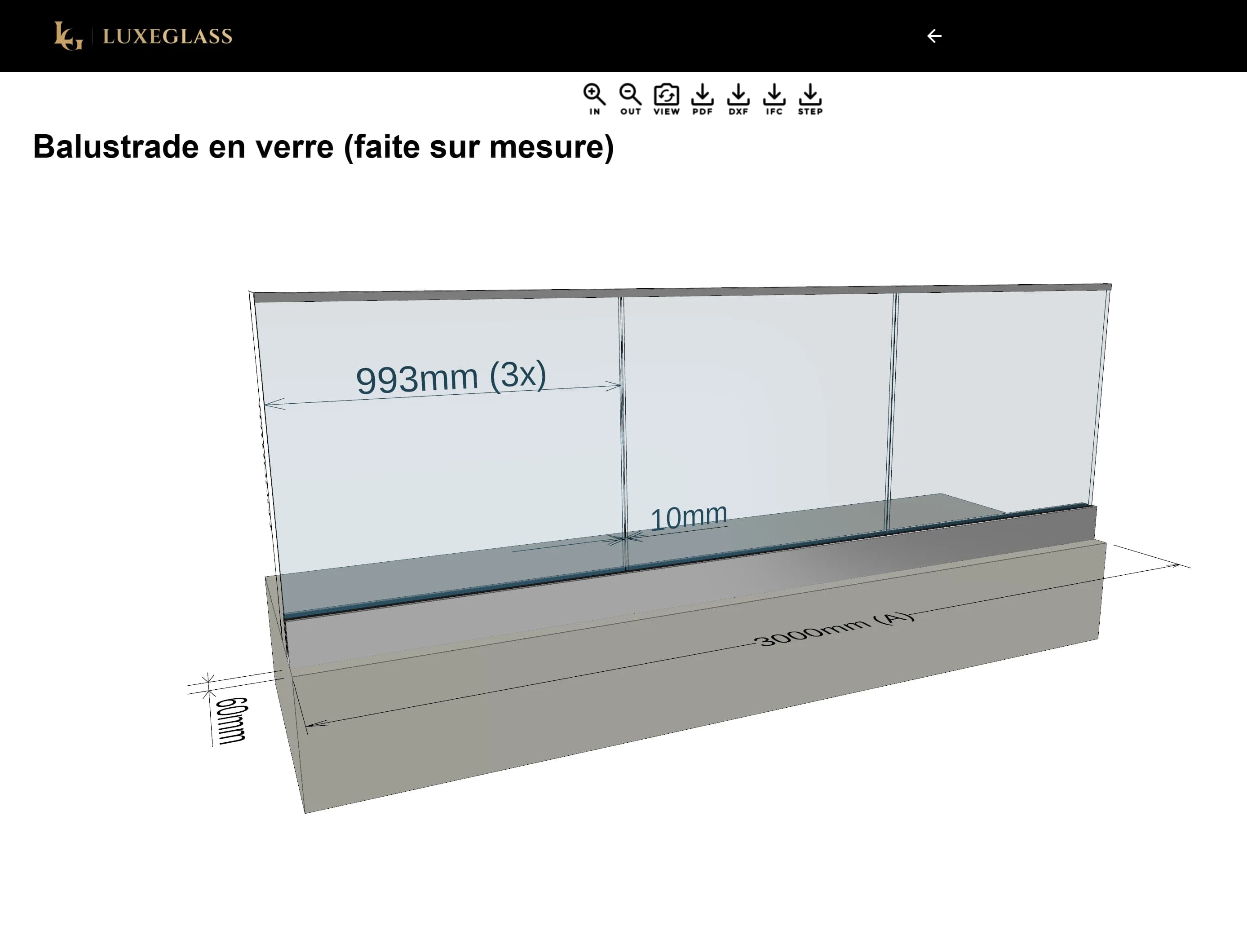 LuxeGlass Studio : un garde-corps en verre vu en trois dimensions, coté 3000 mm de long et 993 mm par panneau.